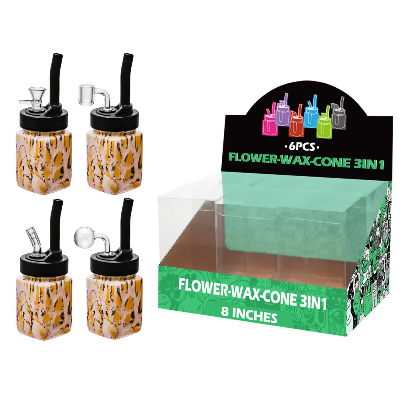 8inch multi-function 6in1 waterpipe-TA5202 Yellow Leopard Pattern Water Transfer Printing Glass Mutli-function Waterpipe 8inch-TA5202(F/R/B/Q ) - Image 1