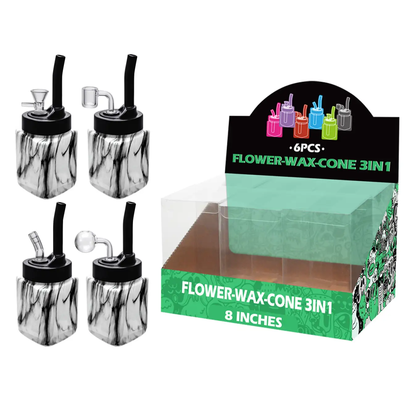 8inch multi-function 6in1 waterpipe-TA5305 Black Water Transfer Printing Glass Mutli-function Waterpipe 8inch-TA5305(F/R/B/Q ) - Image 1