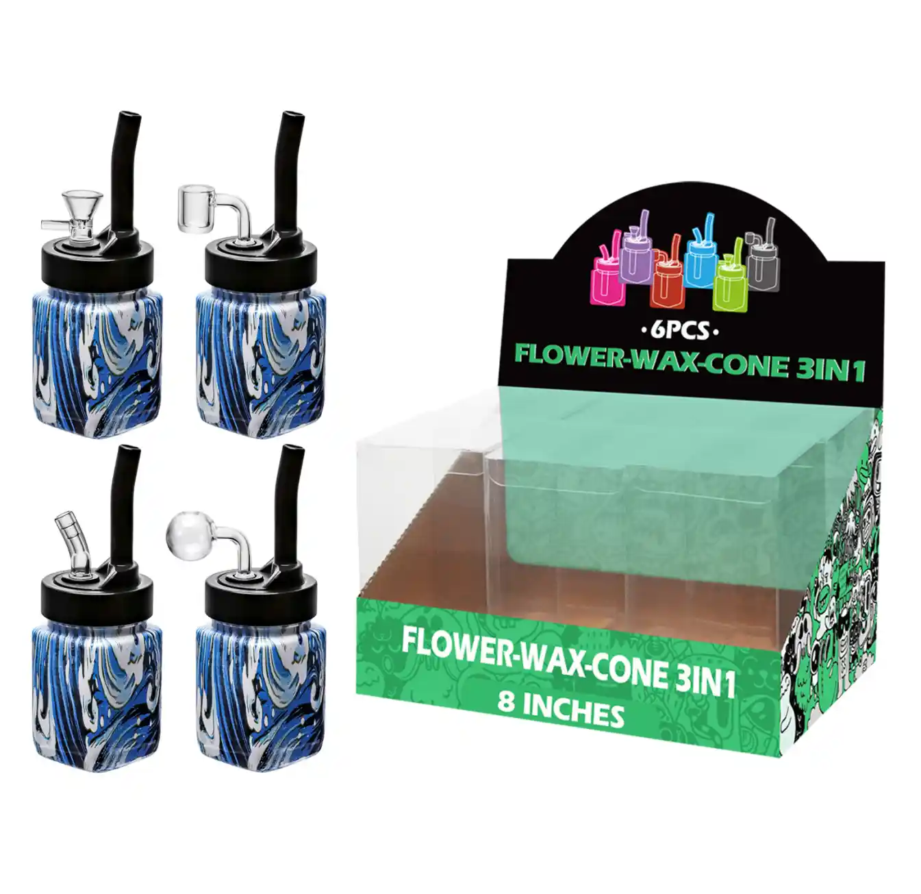 8inch multi-function 6in1 waterpipe-TA5403 Blue Water Transfer Printing Glass Mutli-function Waterpipe 8inch-TA5403(F/R/B/Q ) - Image 1