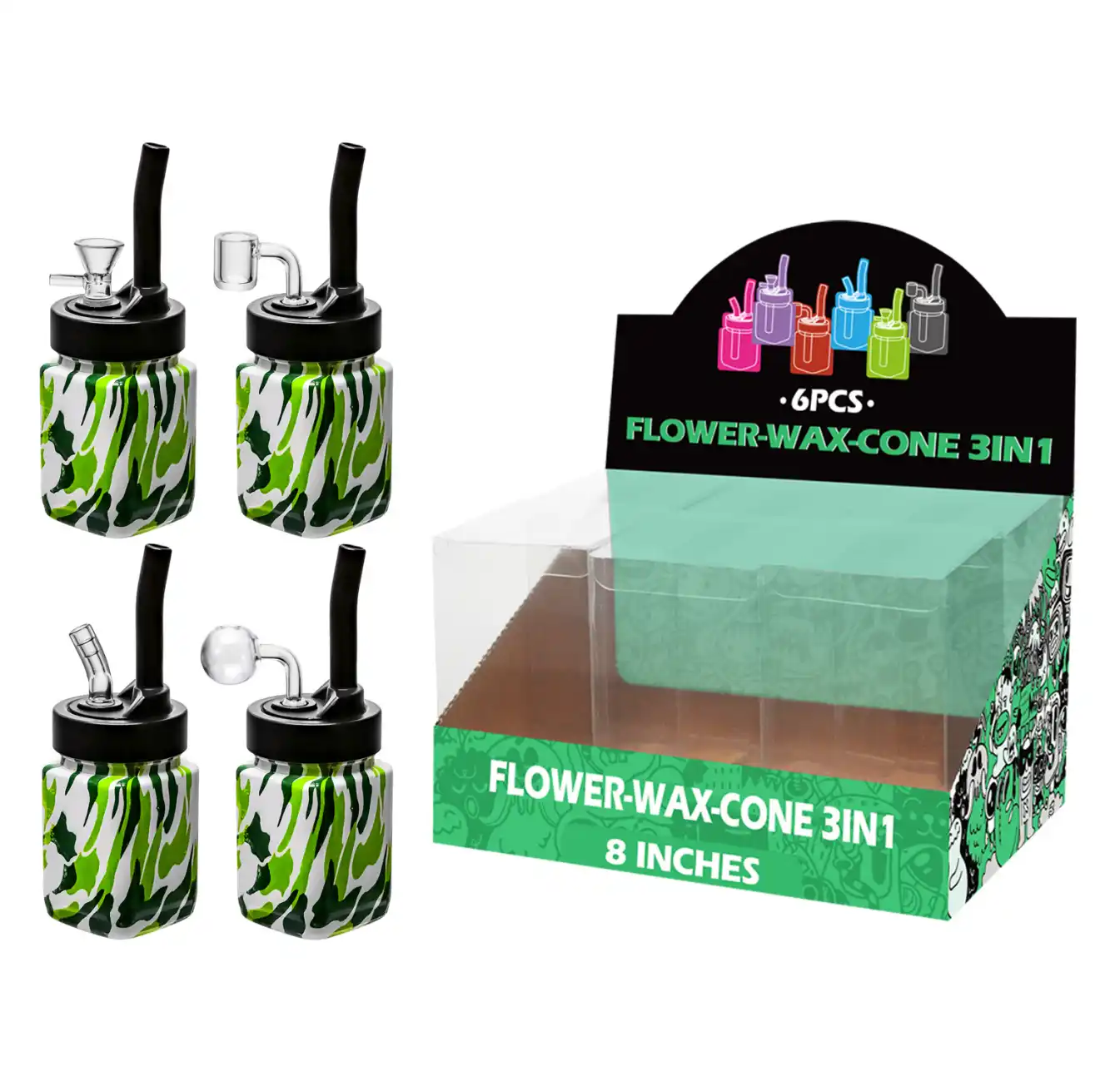 8inch multi-function 6in1 waterpipe-TA5503 Camouflage Green Water Transfer Printing Glass Mutli-function Waterpipe 8inch-TA5503(F/R/B/Q ) - Image 1