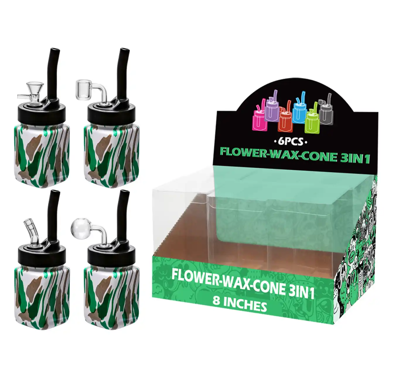 8inch multi-function 6in1 waterpipe-TA5504 Camouflage Green Water Transfer Printing Glass Mutli-function Waterpipe 8inch-TA5504(F/R/B/Q ) - Image 1